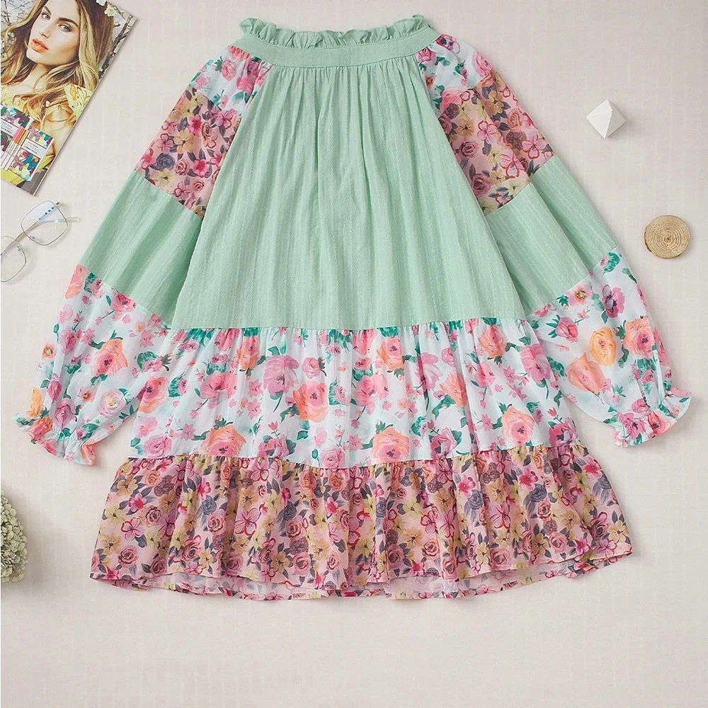 Green Printed Floral Patchwork Frilled Split
Neck Blouse Bohemian Top - Picture 4 of 16